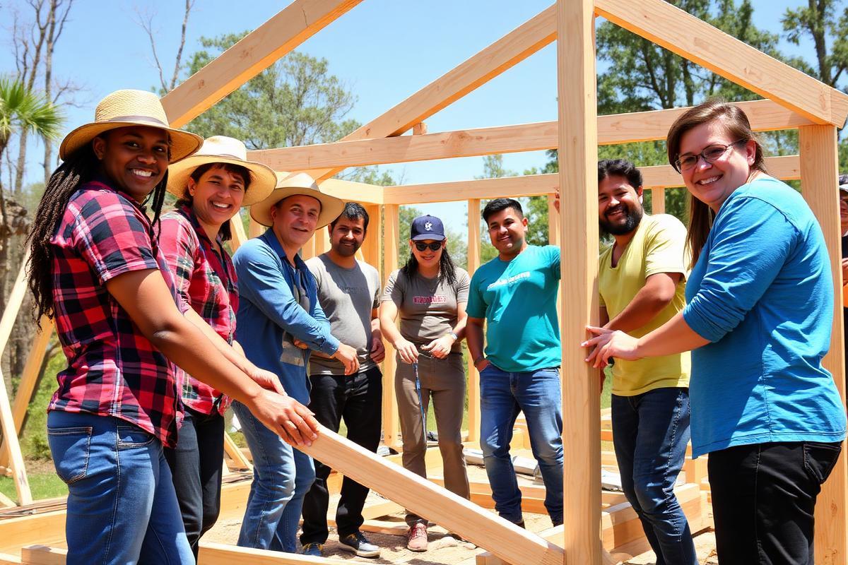 Volunteers building together